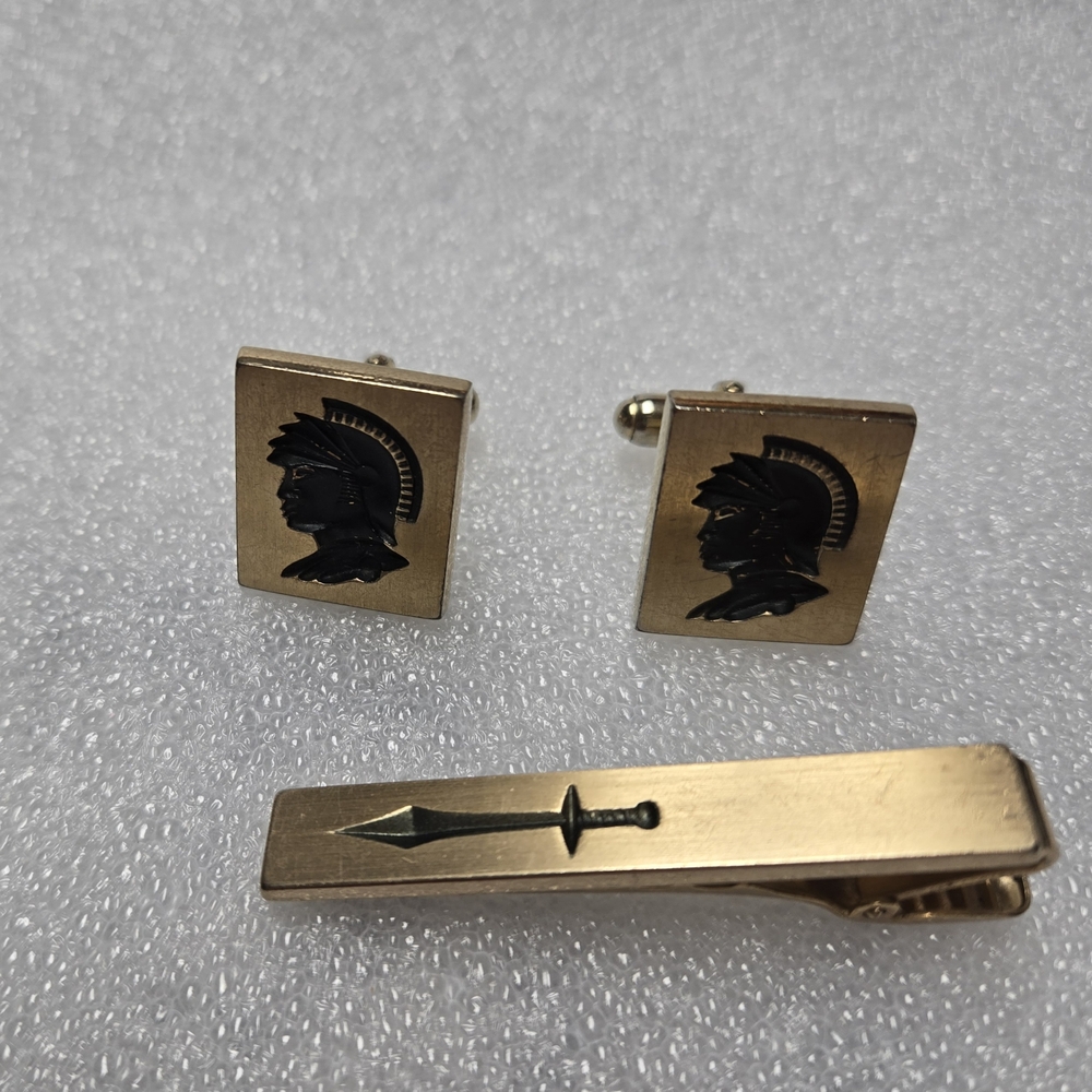 Vintage Knights & Sword Cufflinks & Tie Bar Signed Anson